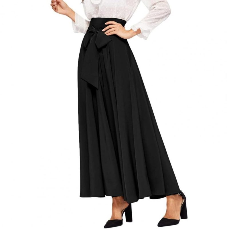 Women Skirt Elegant Lace-up Maxi Skirt with High Waist A-line Silhouette Solid Color Pleated Ankle Length for Women for Spring - Image 3