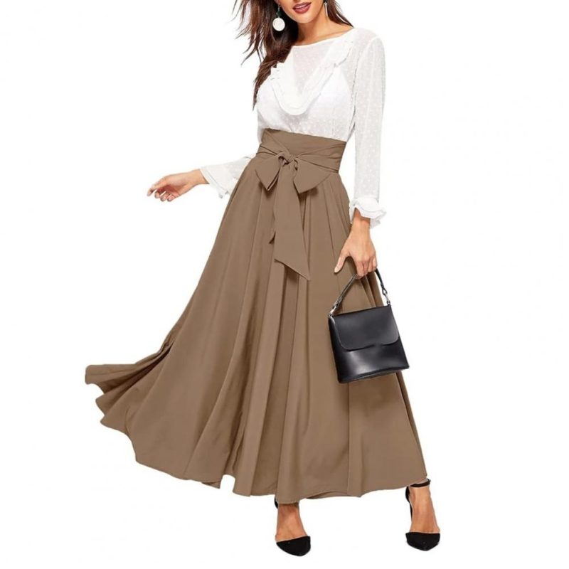 Women Skirt Elegant Lace-up Maxi Skirt with High Waist A-line Silhouette Solid Color Pleated Ankle Length for Women for Spring - Image 4