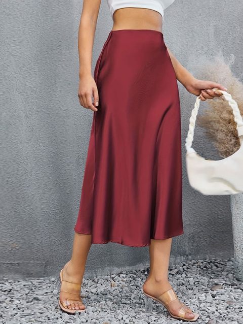 Satin Skirts for Women Korean Style Champagne Office High Waist A-line Skort Fashion Elegant Solid Long Pencil Skirt Silk Like