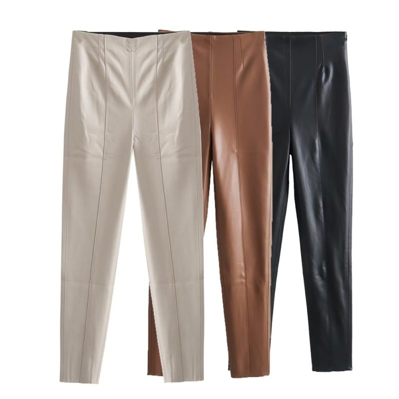Zach Ailsa 2024 Spring New Product Women's Fashion and Temperament Solid Color Imitation Leather Bottom Pants