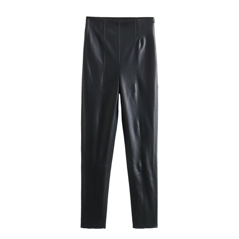 Zach Ailsa 2024 Spring New Product Women's Fashion and Temperament Solid Color Imitation Leather Bottom Pants - Image 2
