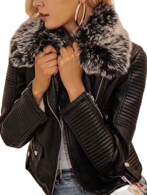 2025 Hot Fashion Women New Winter Warm Faux Leather Jackets with Fur Collar Belt Ladies Thick Black Moto & Biker Outerwear Coats
