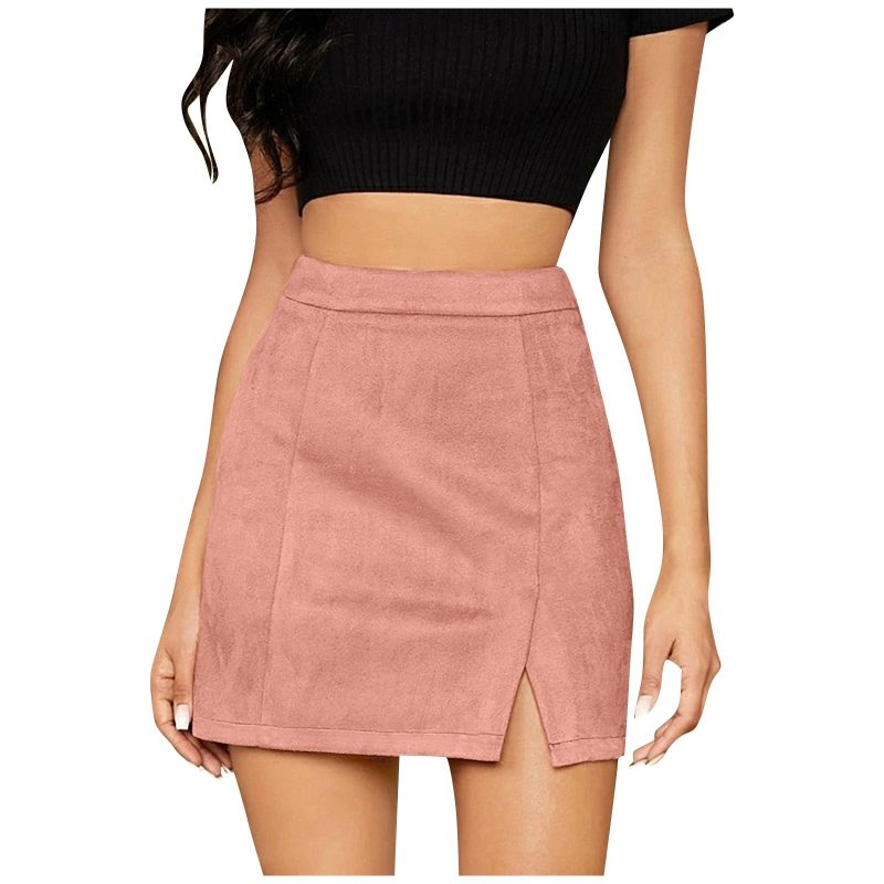 Women's High Waist Faux Suede Side Split Short Skirt