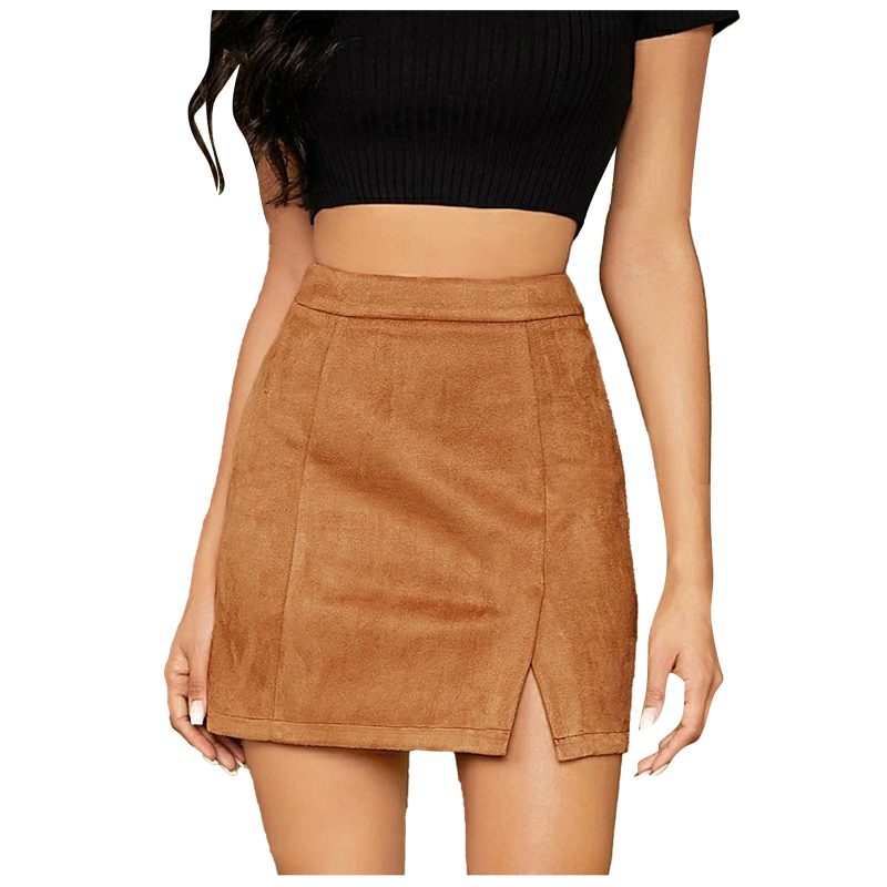 Women's High Waist Faux Suede Side Split Short Skirt - Image 3