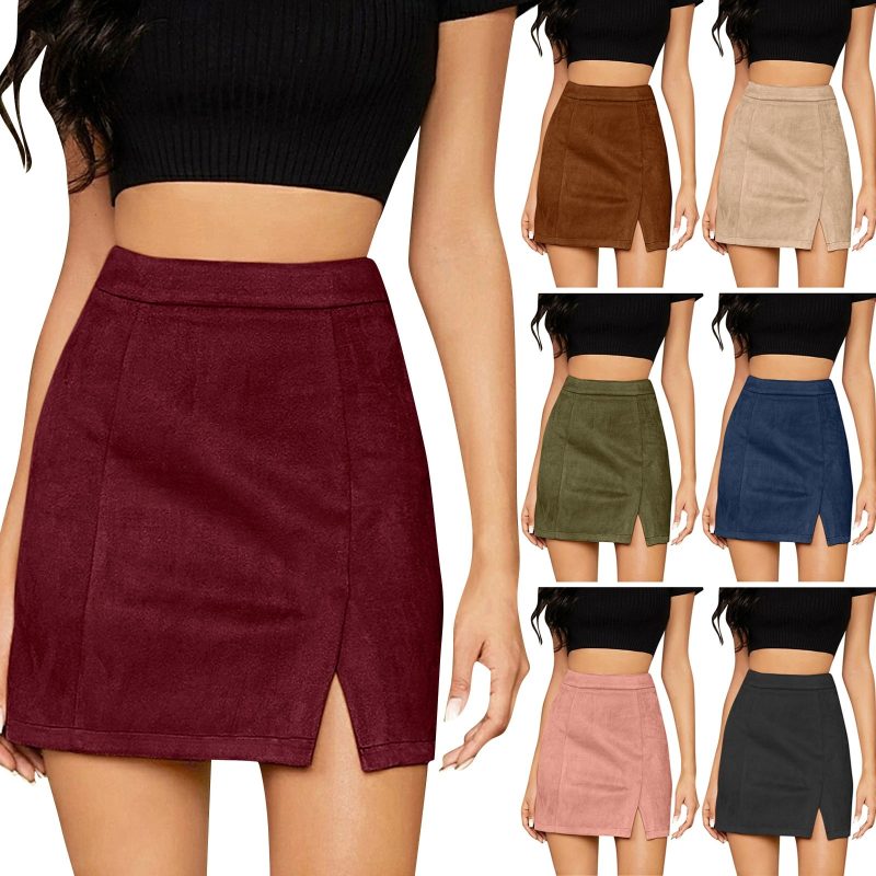 Women's High Waist Faux Suede Side Split Short Skirt - Image 5