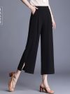 Women Summer Simplicity Loose Large Size Elegant Solid Color High Waist Wide Leg Ladies Casual Appear Thin Fashion Cropped Pants