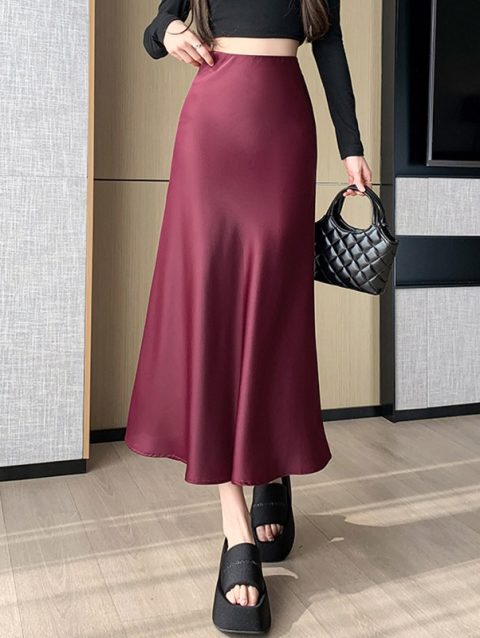 Wine Red Streetwear Summer Satin Trumpet Skirt For Women High Waist Casual Elegant Fashion Long Mermaid Skirts Female