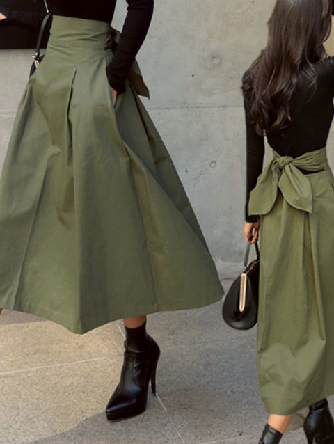 Skirts Womens Korean Fashion Solid Color Big Swing Ladies Skirt Long Skirt 2025 Autumn Wild High Waist Bow Slim Skirts