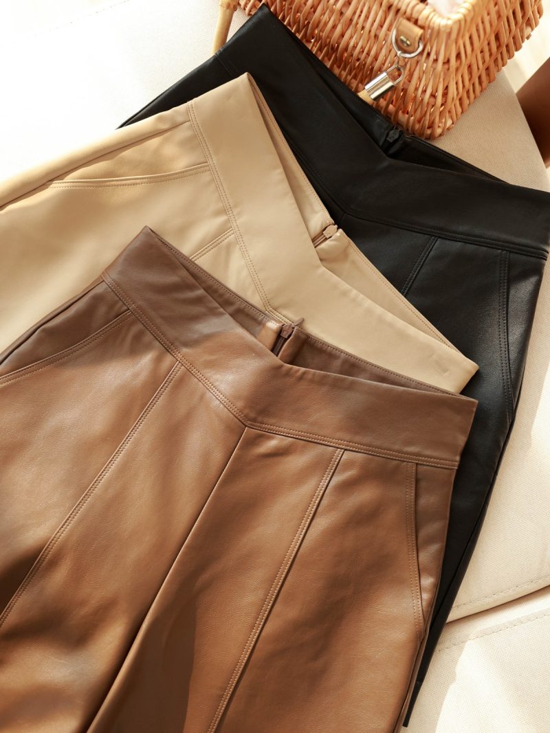 Rice/brown giant high waist PU leather shorts wide leg pants for women 2024 autumn and winter - Image 2
