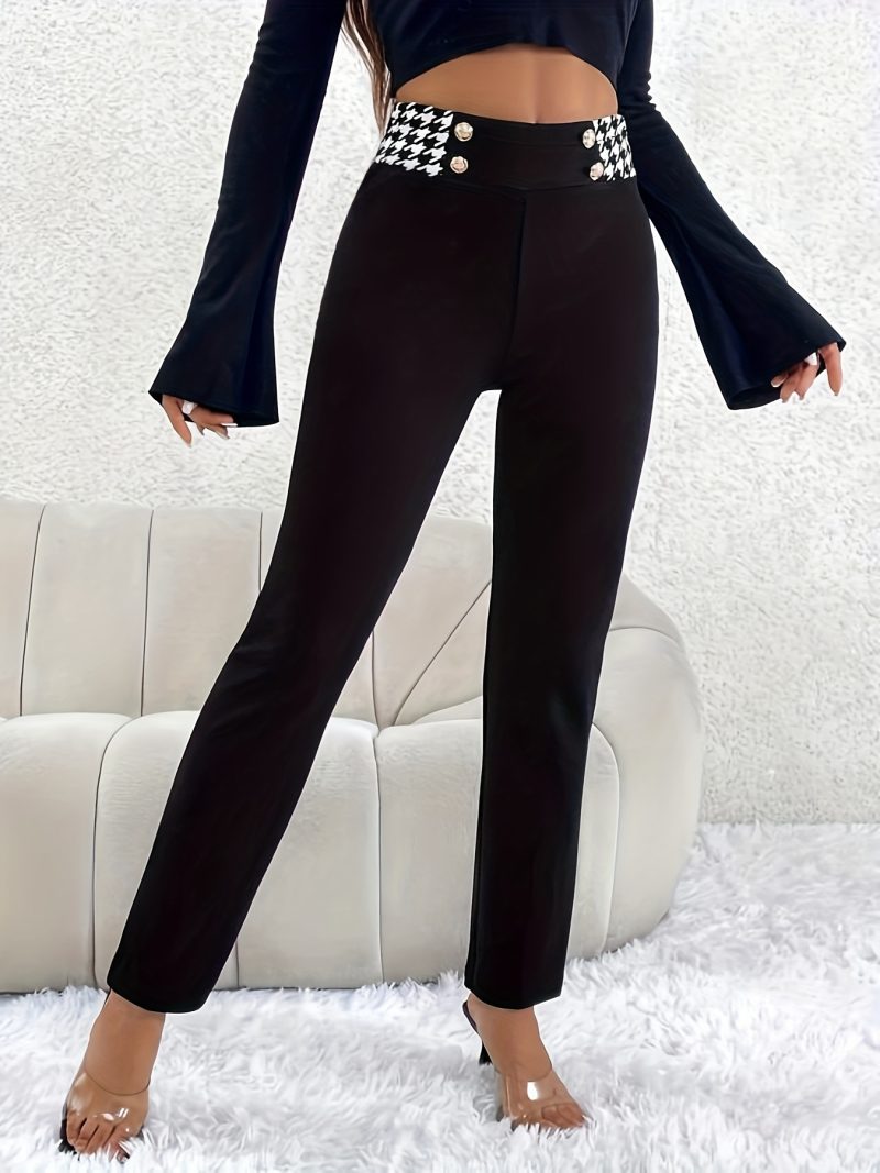 Women's Slim High Waisted Button Length Pants Elegant Women Pants Summer Houndstooth Print Button High Waist Skinny Fallow Pants