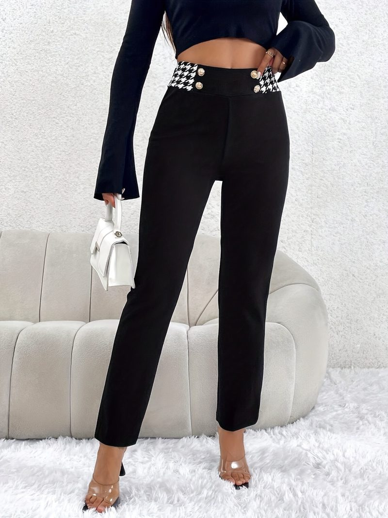 Women's Slim High Waisted Button Length Pants Elegant Women Pants Summer Houndstooth Print Button High Waist Skinny Fallow Pants - Image 3