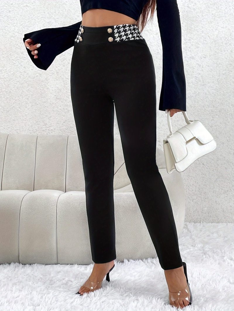 Women's Slim High Waisted Button Length Pants Elegant Women Pants Summer Houndstooth Print Button High Waist Skinny Fallow Pants - Image 4