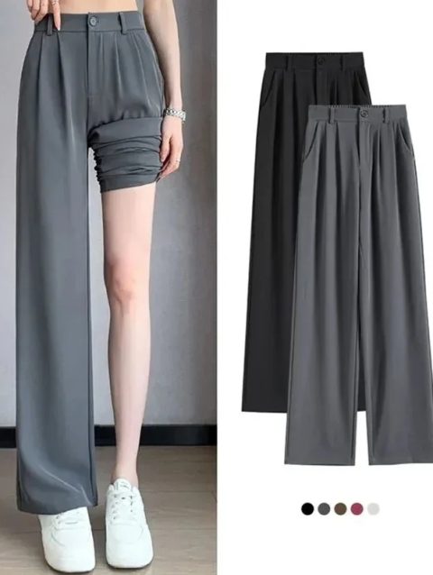 Women Suit Pants Lady Baggy High Waist Wide Leg Solid Color Trousers Female Designer Straight Leg Mom Classic Office Pant Slacks
