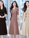 2Pcs Women Outfit Commute Trendy Office Lady Dress Coat Set Elegant Sling Style Coat Long Dress Suit Lady Business Skirt Suit