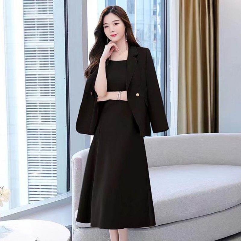 2Pcs Women Outfit Commute Trendy Office Lady Dress Coat Set Elegant Sling Style Coat Long Dress Suit Lady Business Skirt Suit - Image 3
