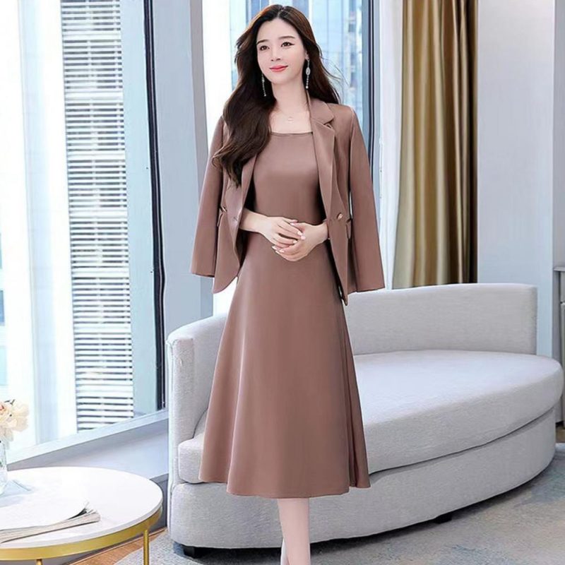 2Pcs Women Outfit Commute Trendy Office Lady Dress Coat Set Elegant Sling Style Coat Long Dress Suit Lady Business Skirt Suit - Image 4