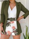 New 2025 Women Long Sleeve Blazer & Floral Print Shorts Set With Belt Casual 2 Piece Suit Sets Womens Female Outfits Set 2PCS
