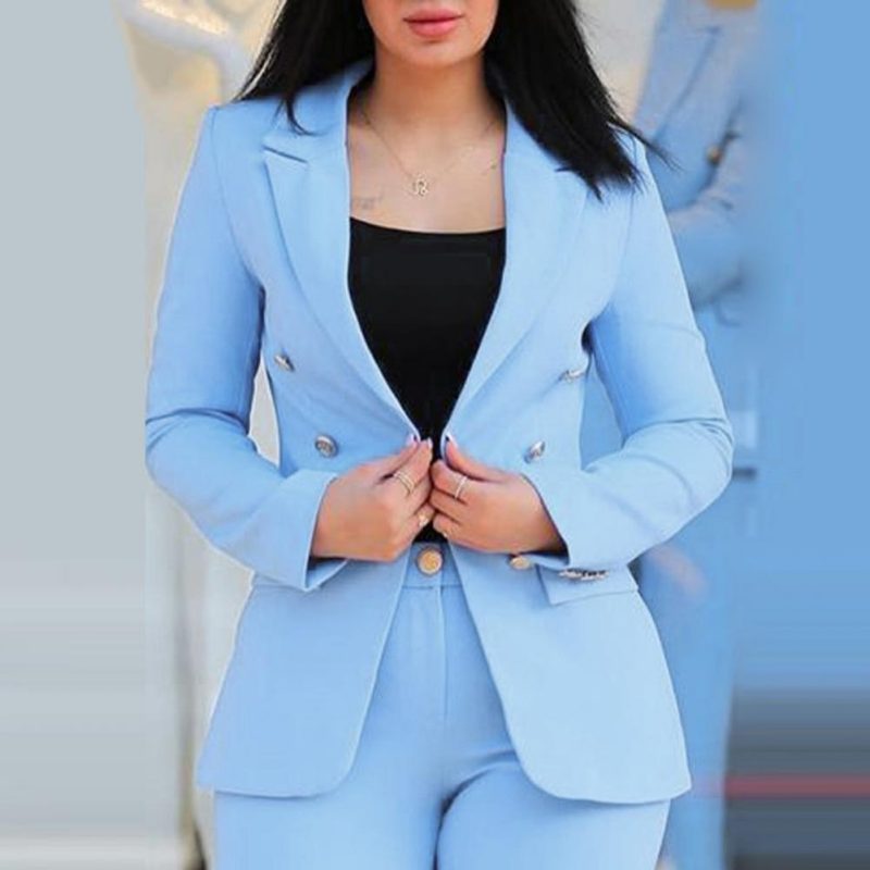 Women Commute Suit Double-breasted Women's Coat Pants Suit with High Waist Slim Fit Pants Lapel Jacket for Formal Business