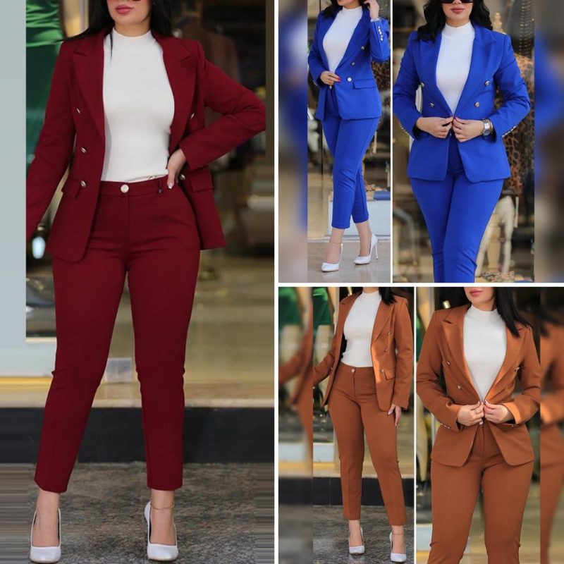Women Commute Suit Double-breasted Women's Coat Pants Suit with High Waist Slim Fit Pants Lapel Jacket for Formal Business - Image 2