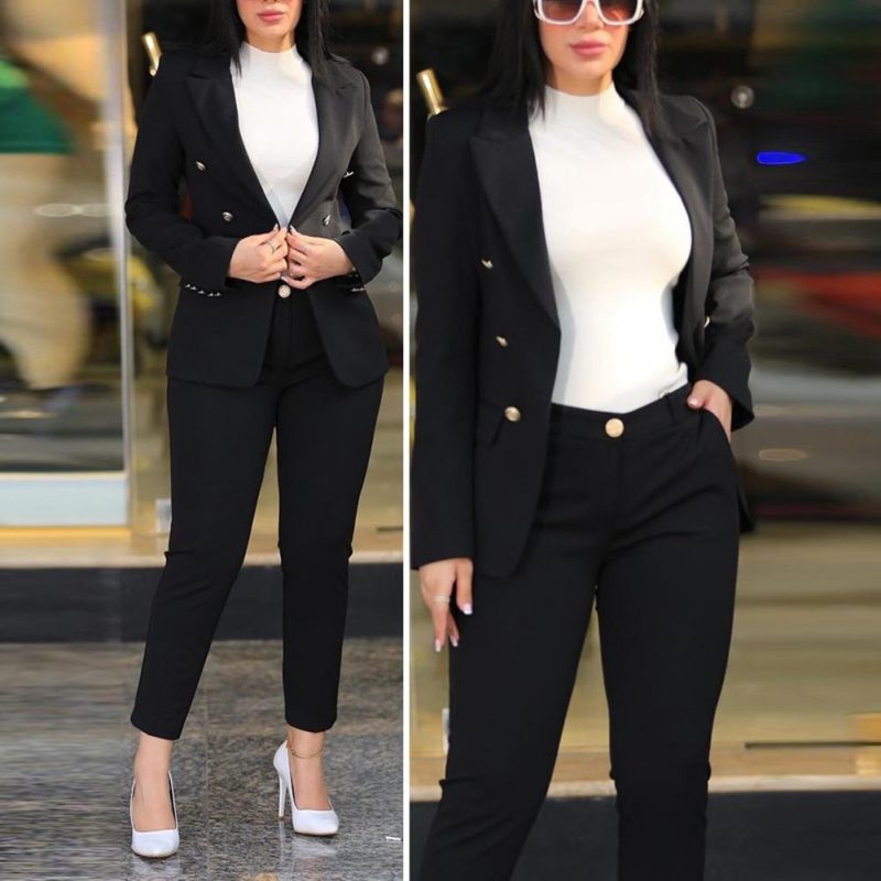 Women Commute Suit Double-breasted Women's Coat Pants Suit with High Waist Slim Fit Pants Lapel Jacket for Formal Business - Image 3