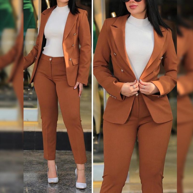 Women Commute Suit Double-breasted Women's Coat Pants Suit with High Waist Slim Fit Pants Lapel Jacket for Formal Business - Image 6