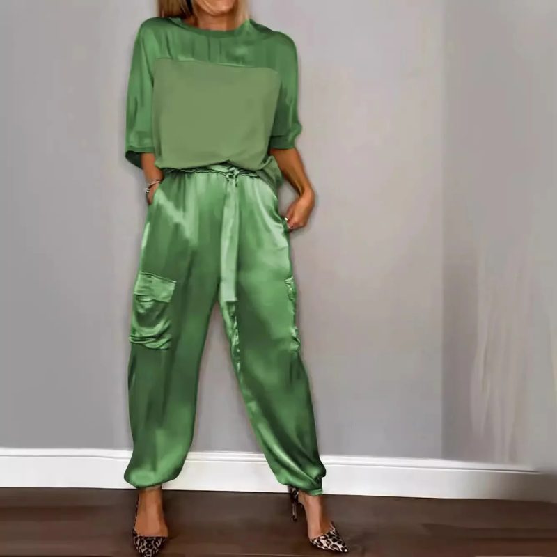 Monochrome Satin Two-Piece Set for Women, Round Neck, Long Sleeved Top, Casual Loose Pants, Spring and Summer Fashion - Image 2