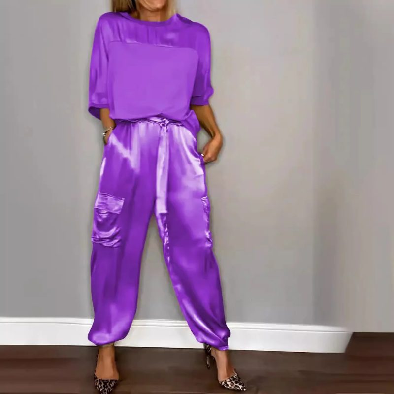 Monochrome Satin Two-Piece Set for Women, Round Neck, Long Sleeved Top, Casual Loose Pants, Spring and Summer Fashion - Image 3