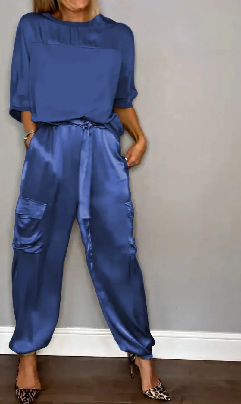 Monochrome Satin Two-Piece Set for Women, Round Neck, Long Sleeved Top, Casual Loose Pants, Spring and Summer Fashion - Image 4