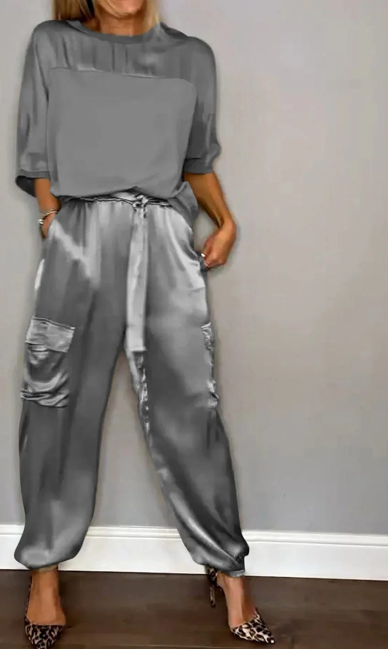 Monochrome Satin Two-Piece Set for Women, Round Neck, Long Sleeved Top, Casual Loose Pants, Spring and Summer Fashion - Image 5