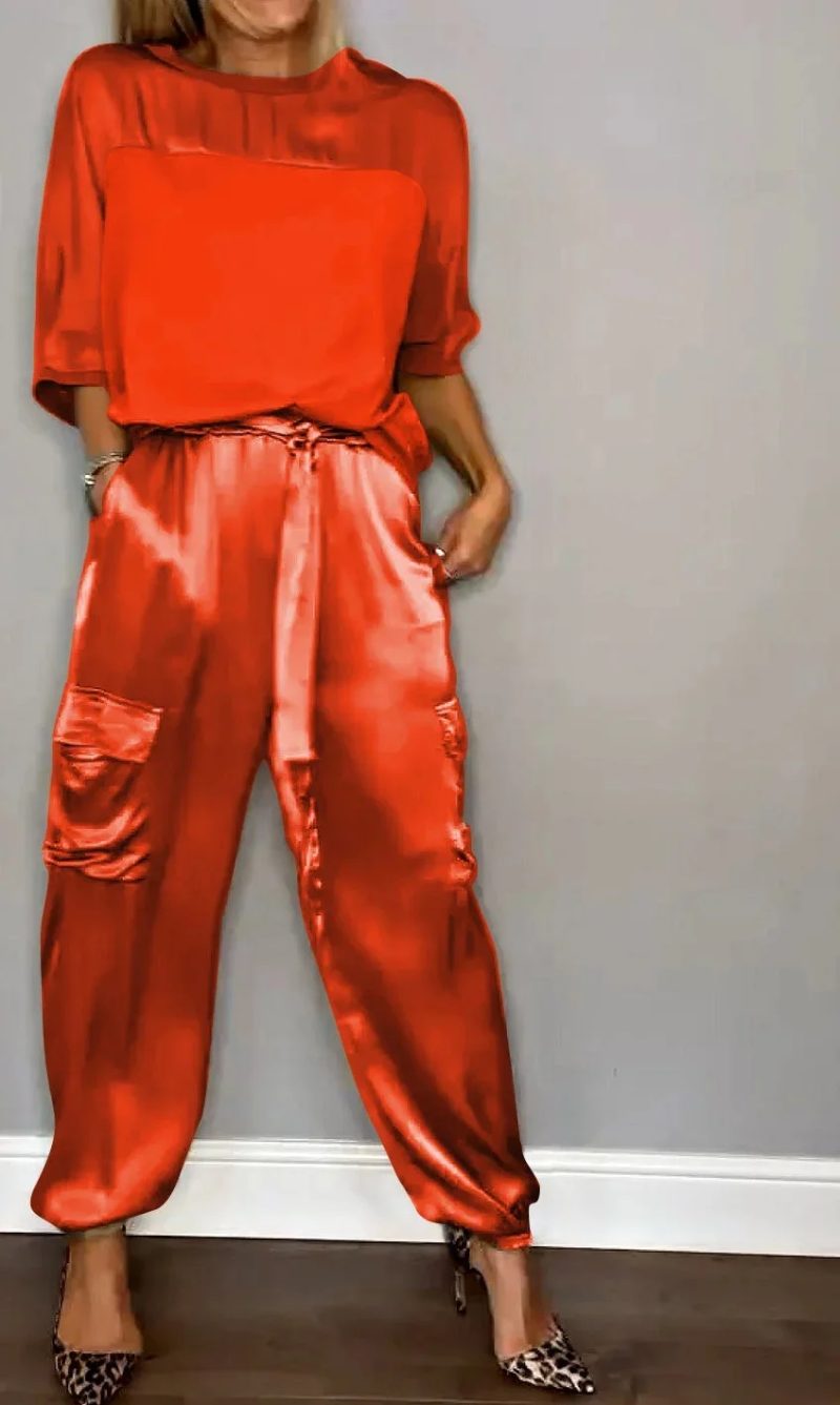 Monochrome Satin Two-Piece Set for Women, Round Neck, Long Sleeved Top, Casual Loose Pants, Spring and Summer Fashion - Image 6