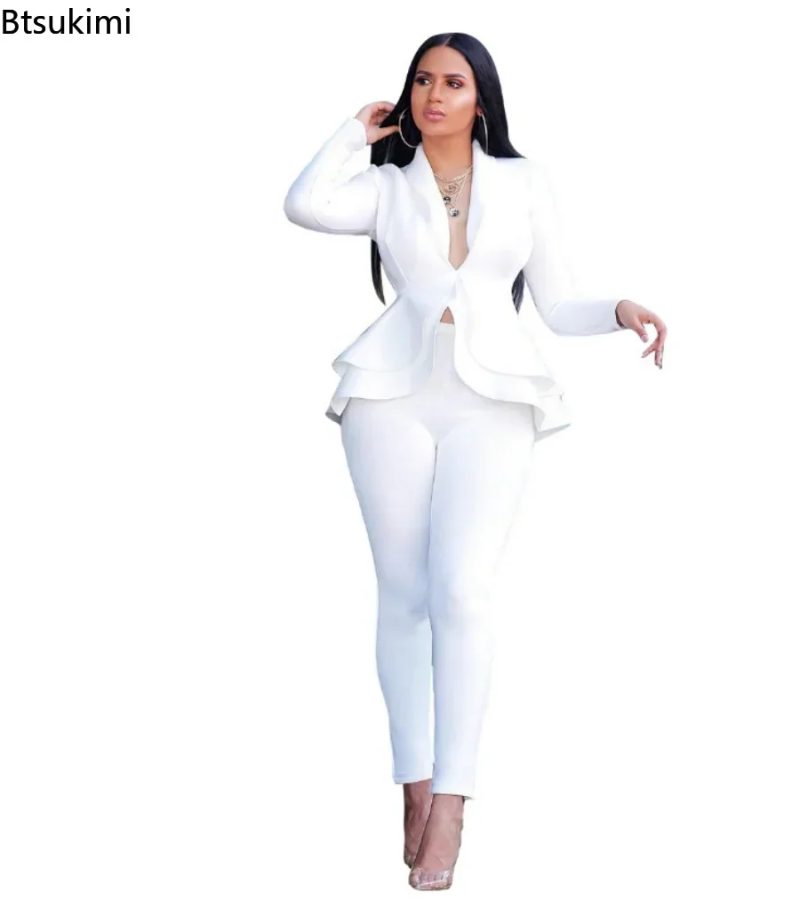 2025 Women's Formal Set 2PCS Tracksuit Full Sleeve Ruffles Blazers Pencil Pants Suit Two Piece Set Office Lady Outfits Uniform - Image 2