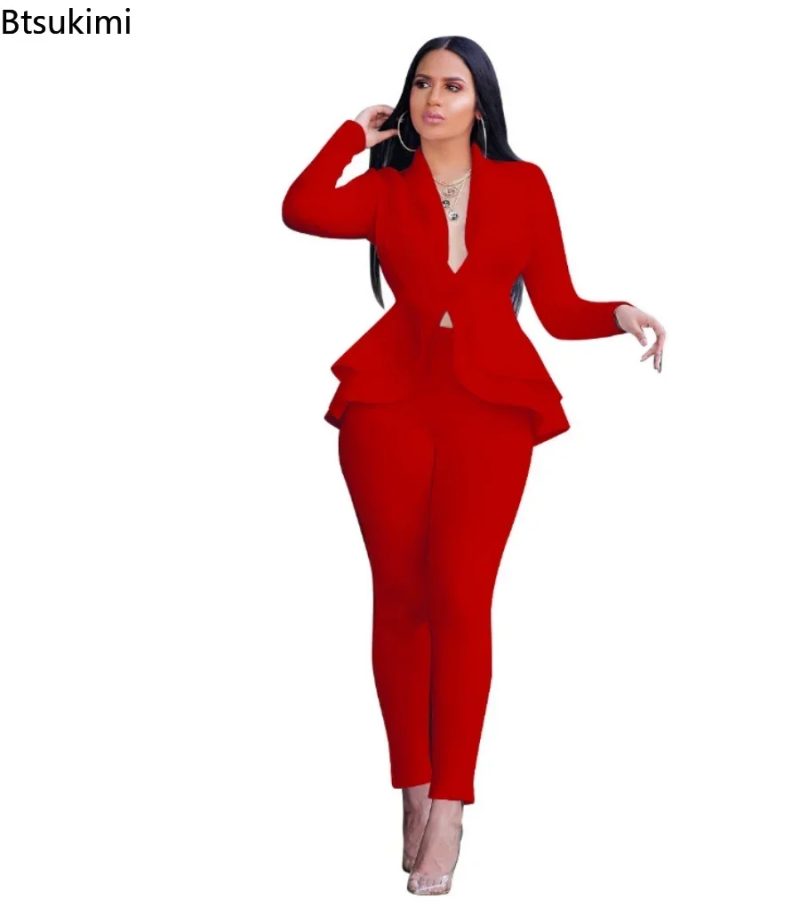 2025 Women's Formal Set 2PCS Tracksuit Full Sleeve Ruffles Blazers Pencil Pants Suit Two Piece Set Office Lady Outfits Uniform - Image 3