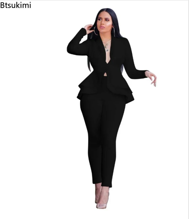 2025 Women's Formal Set 2PCS Tracksuit Full Sleeve Ruffles Blazers Pencil Pants Suit Two Piece Set Office Lady Outfits Uniform - Image 4