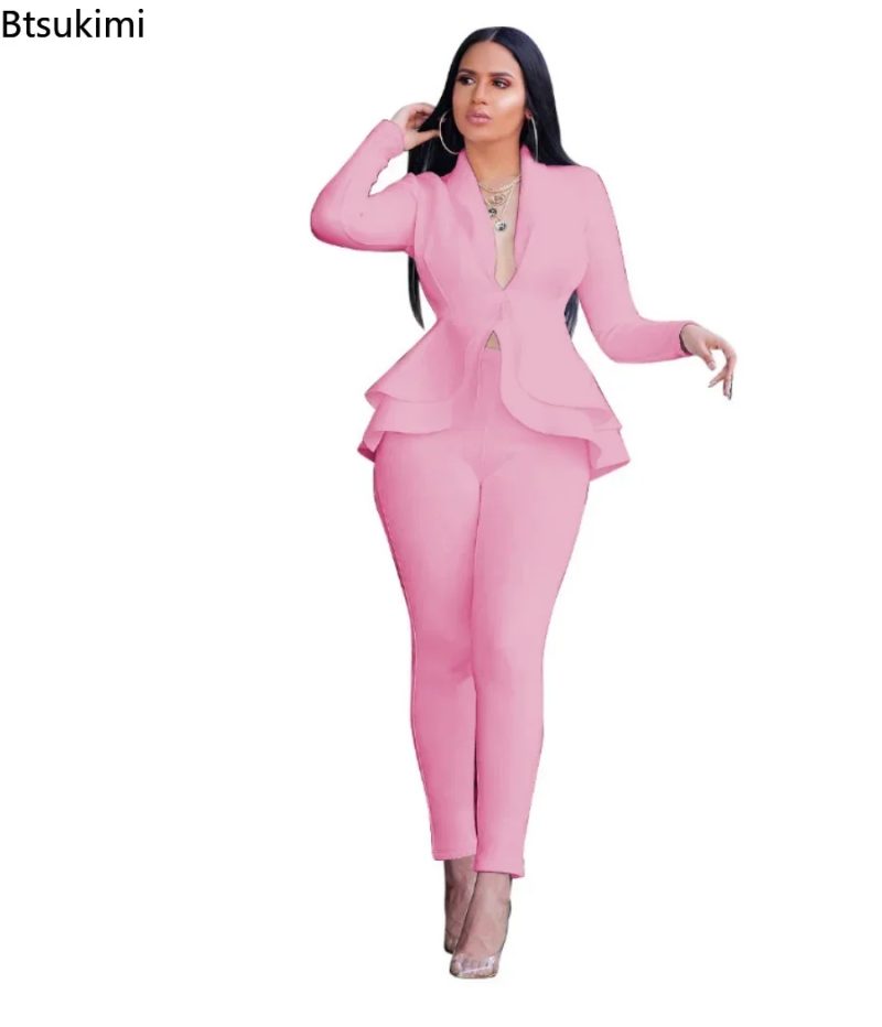 2025 Women's Formal Set 2PCS Tracksuit Full Sleeve Ruffles Blazers Pencil Pants Suit Two Piece Set Office Lady Outfits Uniform - Image 5