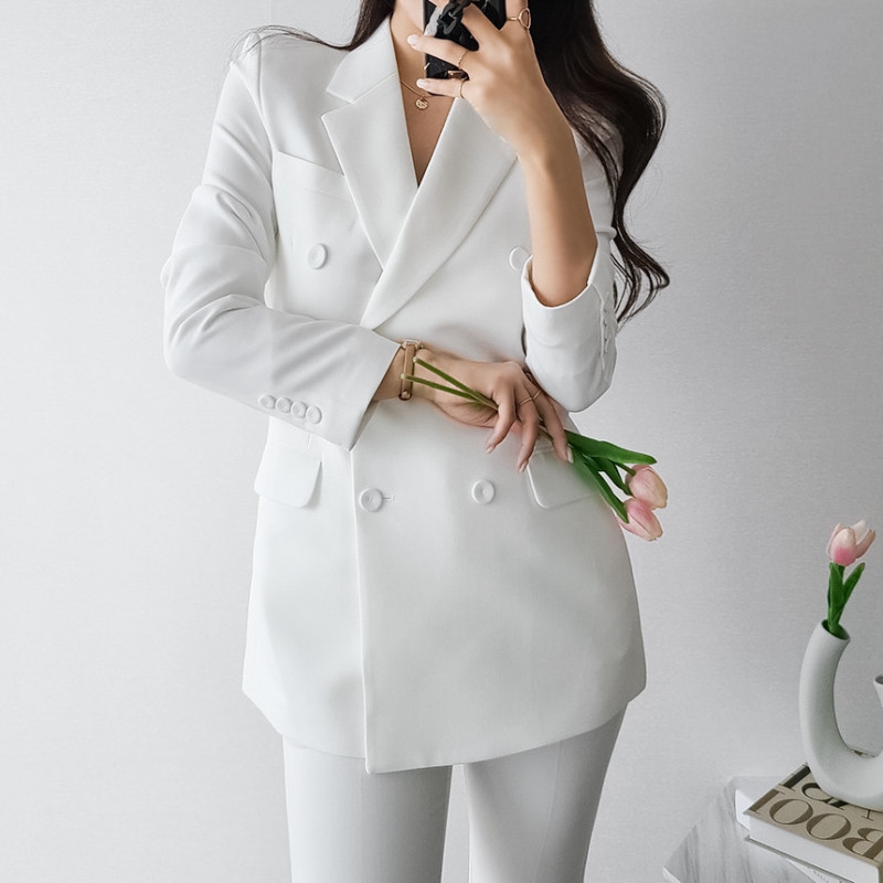 Korean Women's Graceful White Blazers Pants Two Piece Set Office Lady Basic Work OL Outfits Black Jacket Trousers Suit Female - Image 2
