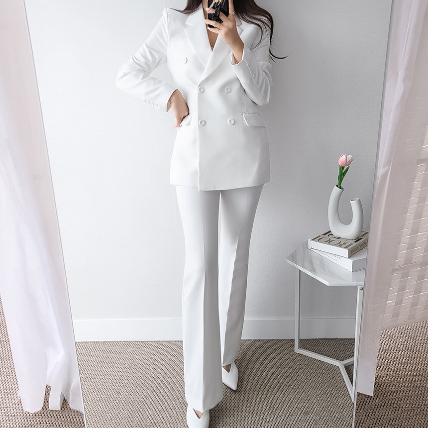 Korean Women's Graceful White Blazers Pants Two Piece Set Office Lady Basic Work OL Outfits Black Jacket Trousers Suit Female - Image 3