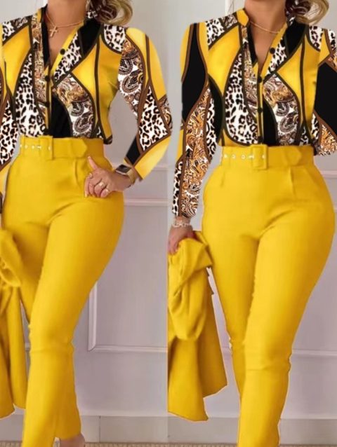 Fashion Printed Long Sleeved Shirt Women Suit Spring Autumn Slim Fit Shirtlace Up Pencil Pants Elegant Female Office 2 Piece Set