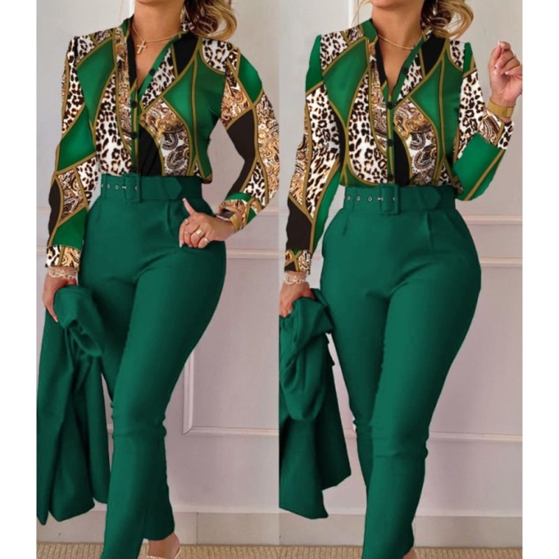 Fashion Printed Long Sleeved Shirt Women Suit Spring Autumn Slim Fit Shirtlace Up Pencil Pants Elegant Female Office 2 Piece Set - Image 2