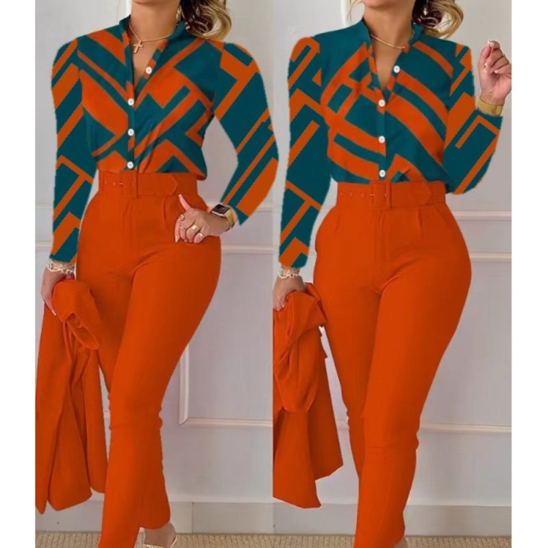 Fashion Printed Long Sleeved Shirt Women Suit Spring Autumn Slim Fit Shirtlace Up Pencil Pants Elegant Female Office 2 Piece Set - Image 3