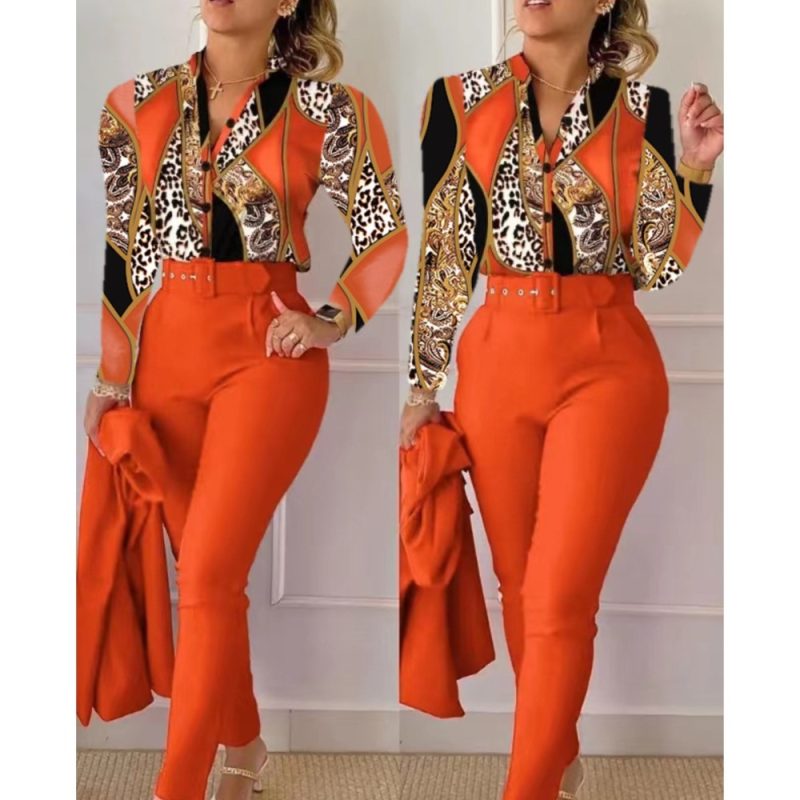 Fashion Printed Long Sleeved Shirt Women Suit Spring Autumn Slim Fit Shirtlace Up Pencil Pants Elegant Female Office 2 Piece Set - Image 4