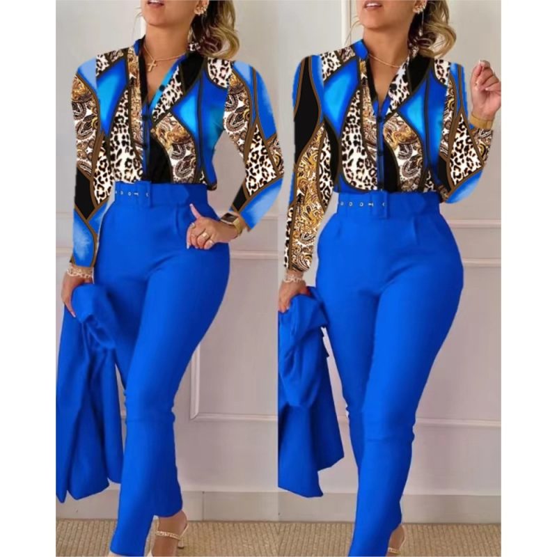 Fashion Printed Long Sleeved Shirt Women Suit Spring Autumn Slim Fit Shirtlace Up Pencil Pants Elegant Female Office 2 Piece Set - Image 5