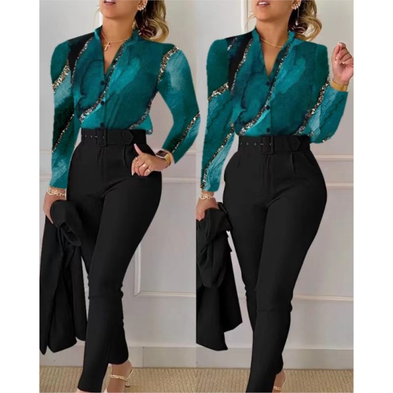 Fashion Printed Long Sleeved Shirt Women Suit Spring Autumn Slim Fit Shirtlace Up Pencil Pants Elegant Female Office 2 Piece Set - Image 6