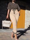 Casual Short Sleeve Shirt Pants Set Office Lady Spring Autumn Print Blouse Lace Up Trousers Two Piece Set Women Outfit 2025 Tops