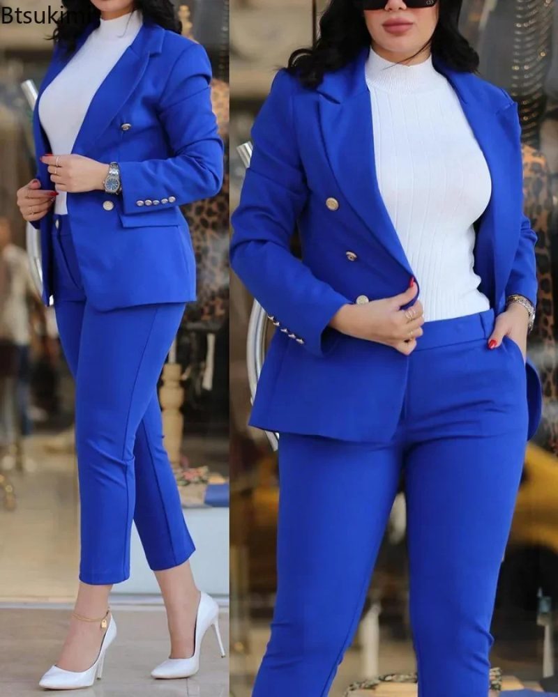 New 2025 Women's Formal Office Pant Sets 2PCS Double Breasted Solid Blazers Jacket and Pants Two Pieces Set Female Pant Suits - Image 3