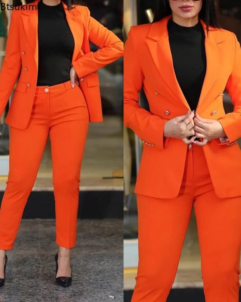 New 2025 Women's Formal Office Pant Sets 2PCS Double Breasted Solid Blazers Jacket and Pants Two Pieces Set Female Pant Suits - Image 5
