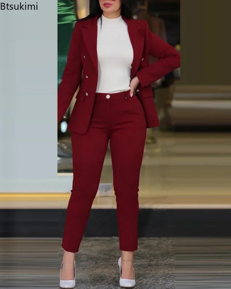 New 2025 Women's Formal Office Pant Sets 2PCS Double Breasted Solid Blazers Jacket and Pants Two Pieces Set Female Pant Suits - Image 6