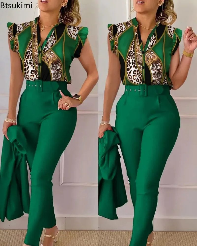 New 2025 Women's Summer Casual Sets 2PCS Printed Lotus Leaf Sleeve Top and Pants Set with Belt Female Suit Sets Outfits Workwear - Image 2