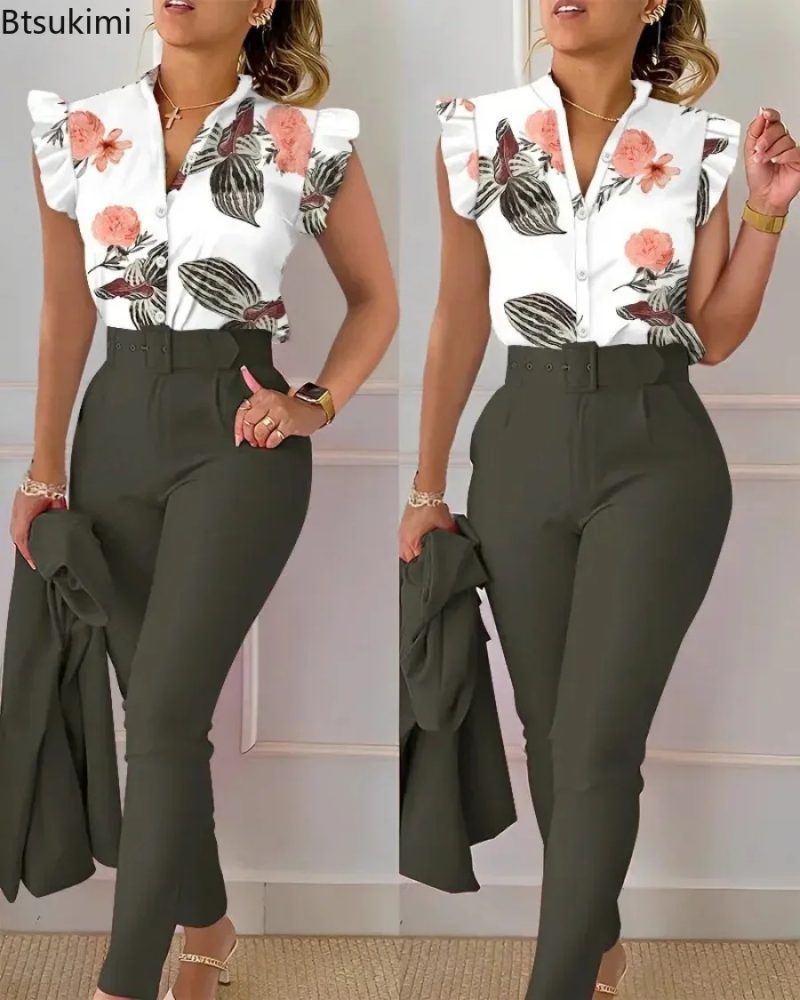 New 2025 Women's Summer Casual Sets 2PCS Printed Lotus Leaf Sleeve Top and Pants Set with Belt Female Suit Sets Outfits Workwear - Image 3