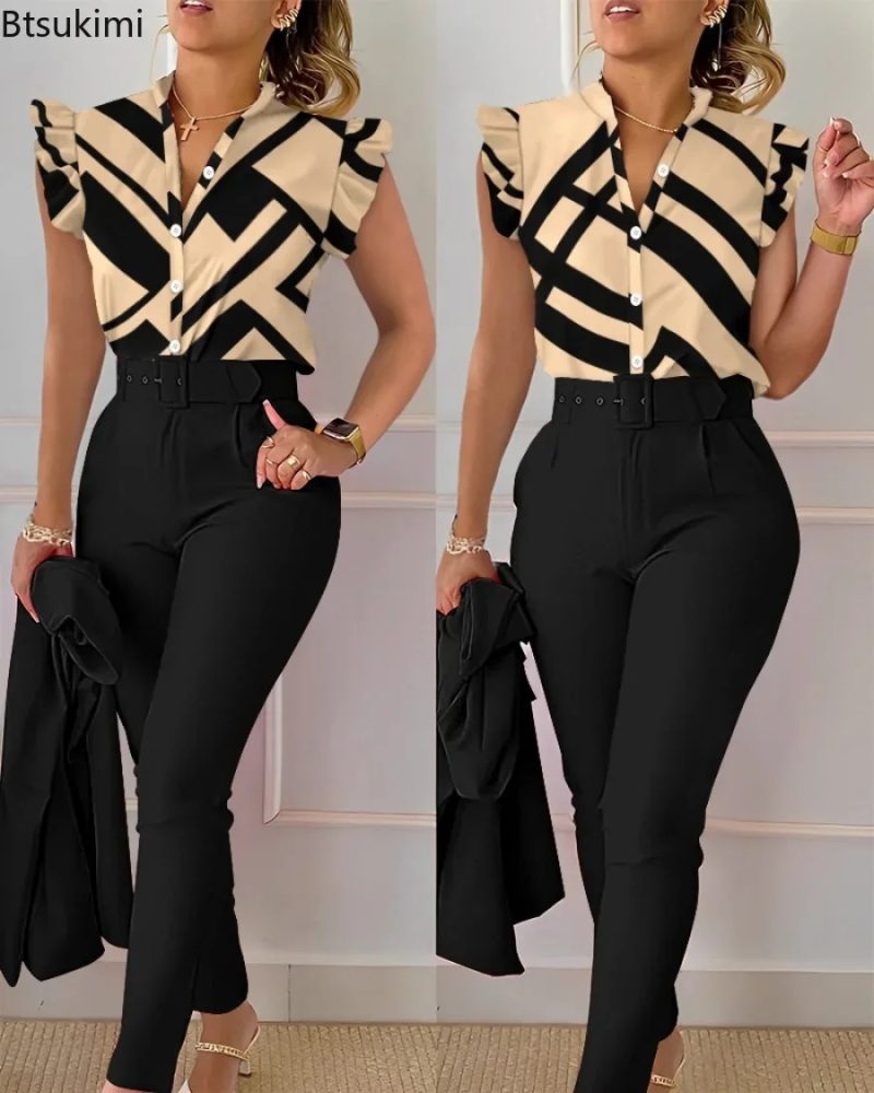 New 2025 Women's Summer Casual Sets 2PCS Printed Lotus Leaf Sleeve Top and Pants Set with Belt Female Suit Sets Outfits Workwear - Image 4