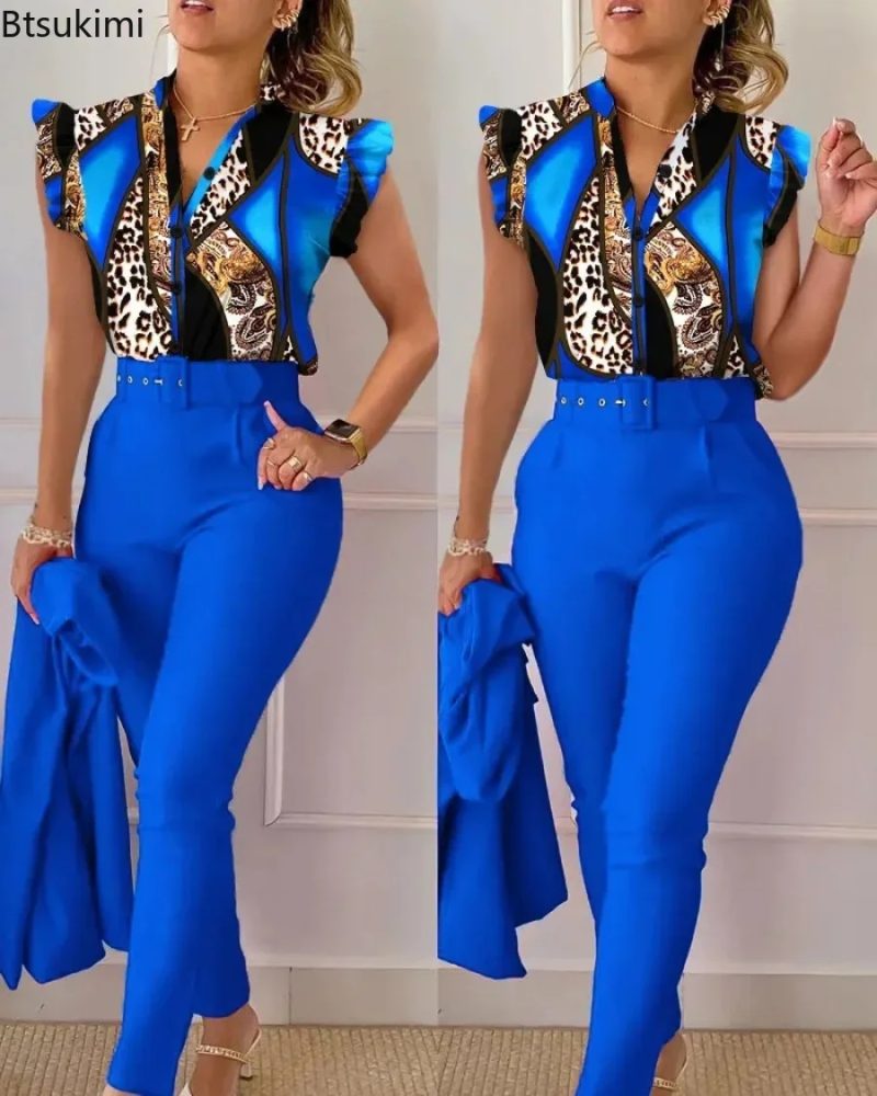 New 2025 Women's Summer Casual Sets 2PCS Printed Lotus Leaf Sleeve Top and Pants Set with Belt Female Suit Sets Outfits Workwear - Image 5